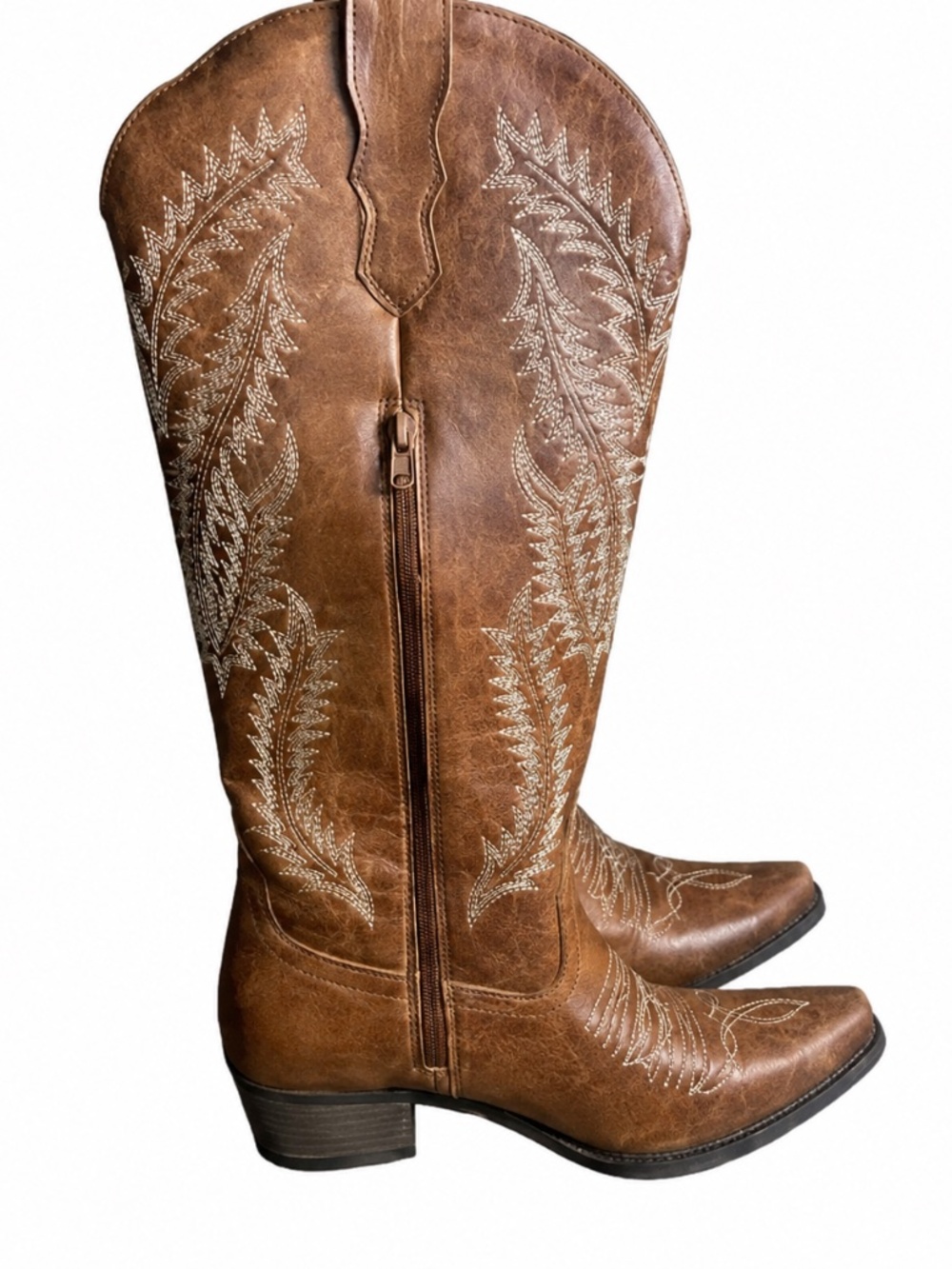 Forever 21 Cowboy Boots Sz 9 Heels Heel Booties Faux Leather Brown Tan Western